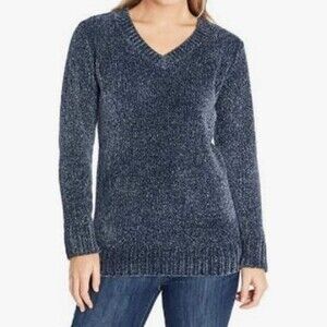 Orvis Chenille Tunic V-Neck Sweater Marled Navy Blue Womens Size XS